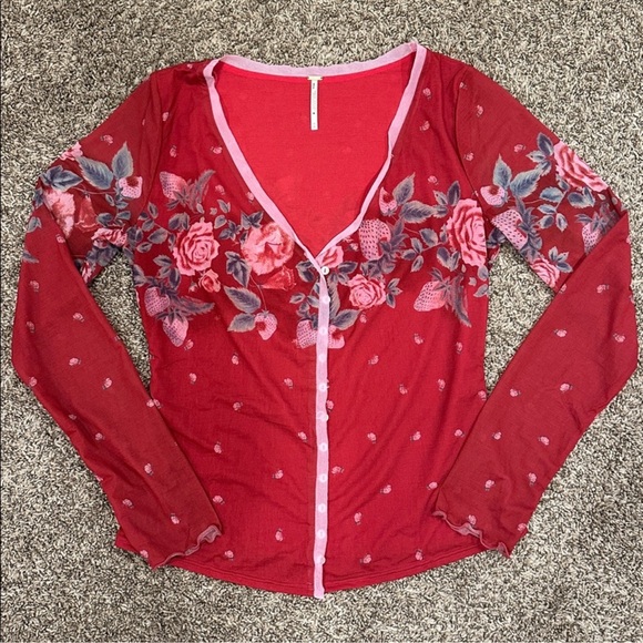 FREE PEOPLE Home Grown Floral Majenta Combo Button-Up Women's Mesh Cardigan - Picture 5 of 6